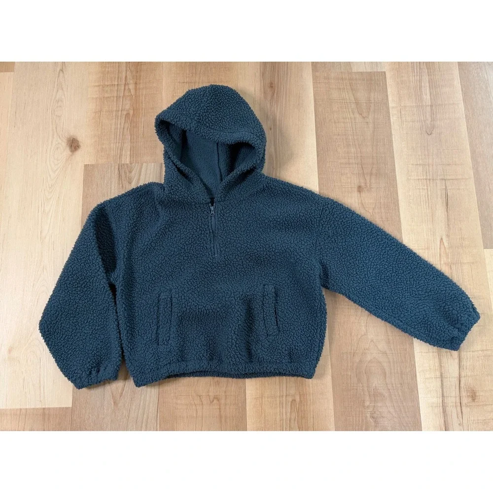 Old Navy Girl's Cozy Sherpa Quarter-Zip Pullover Hoodie Teal Blue L 10-12